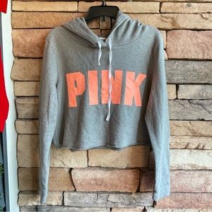 PINK Victoria’s Secret gray cropped logo hoodie sweatshirt EUC Large
